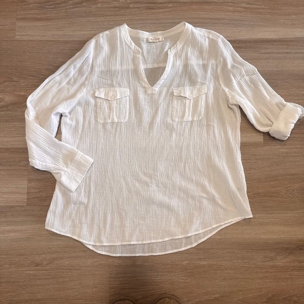 Two by Vince Camuto XL White 100% Cotton Gauze Tunic Blouse V-Neck Boho Beach - Picture 11 of 16